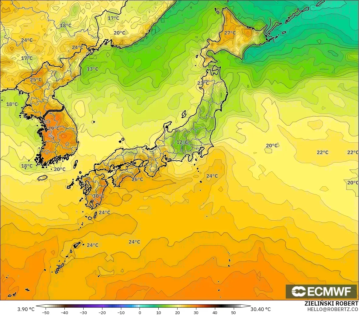 ECMWF IFS 0.25° modelo - Japón, Temperatura a 2 m