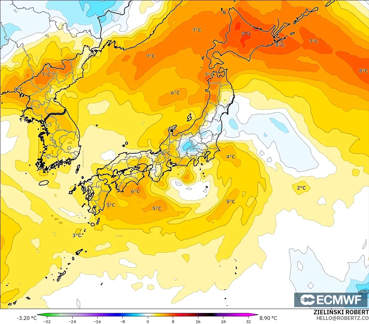 ECMWF IFS 0.25° modelo - Japón, Anomalía de temperatura a 850 hPa