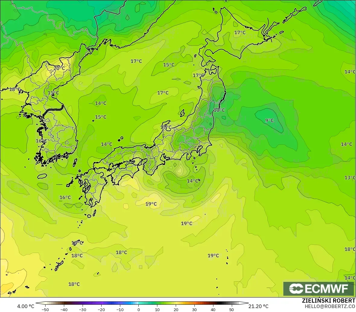 ECMWF IFS 0.25° modelo - Japón, Temperatura a 850 hPa