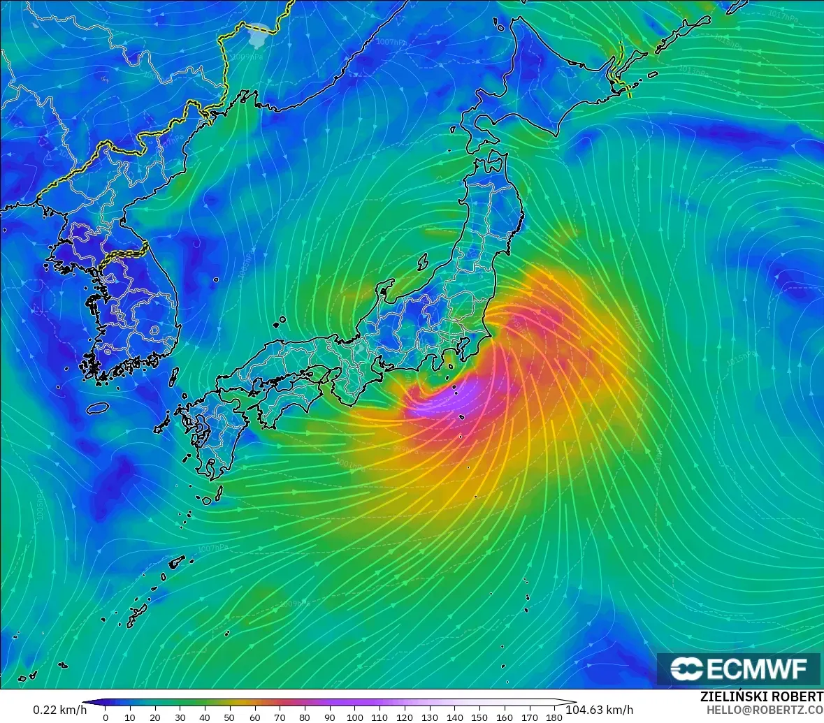 ECMWF IFS 0.25° modelo - Japón, Viento a 10 m
