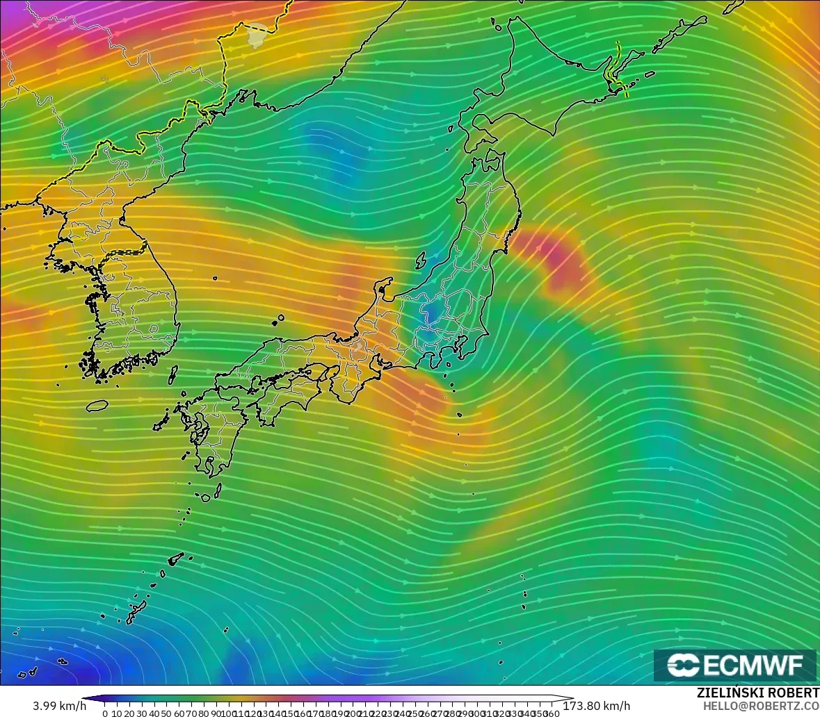 ECMWF IFS 0.25° modelo - Japón, Viento a 300 hPa (corriente en chorro)