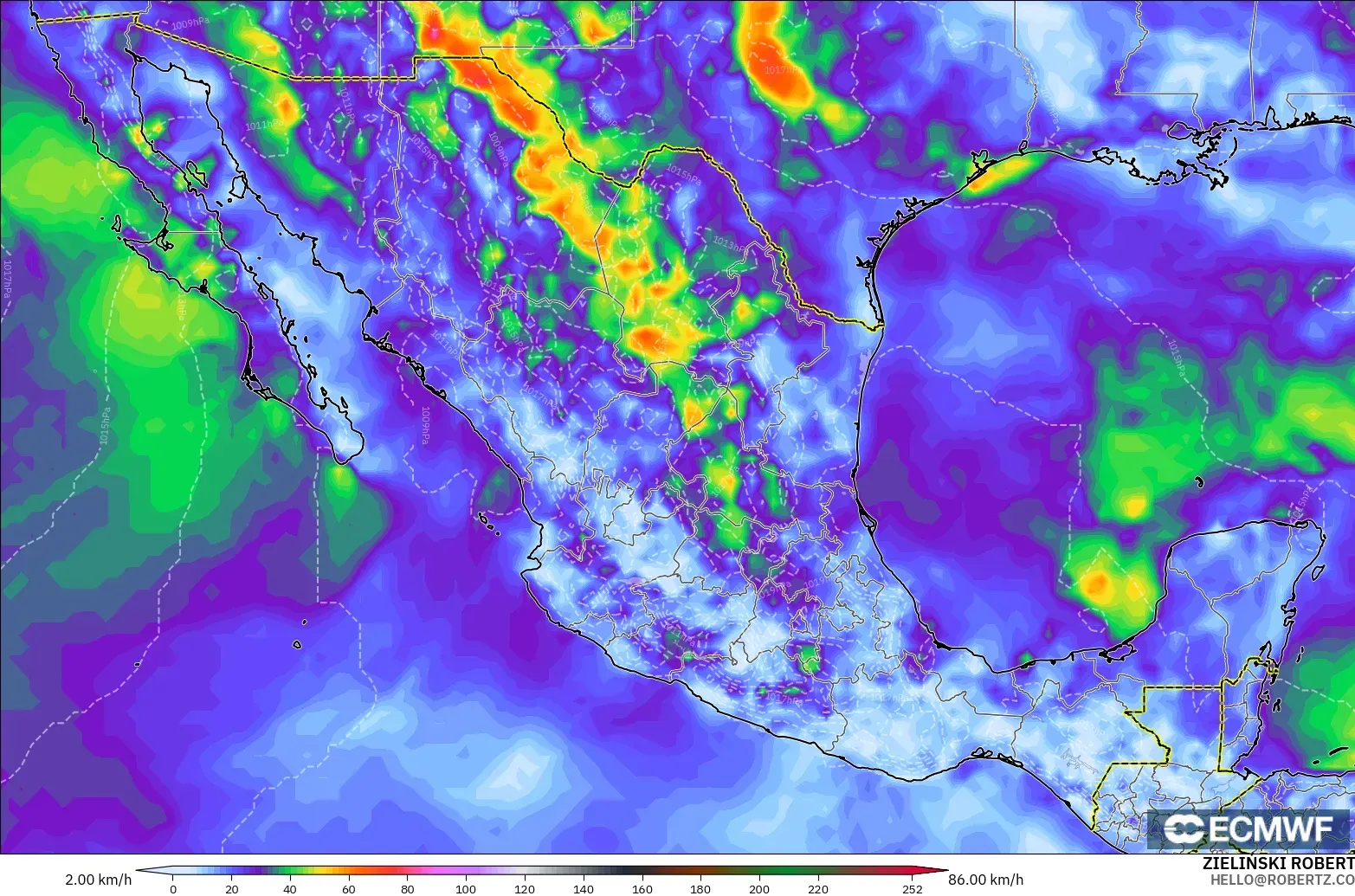 ECMWF IFS 0.25° modelo - México, Ráfagas de Viento Máximas