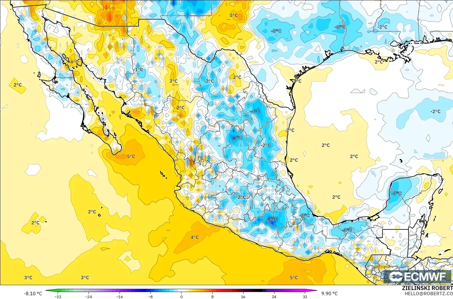ECMWF IFS 0.25° modelo - México, Anomalía de temperatura a 2 m