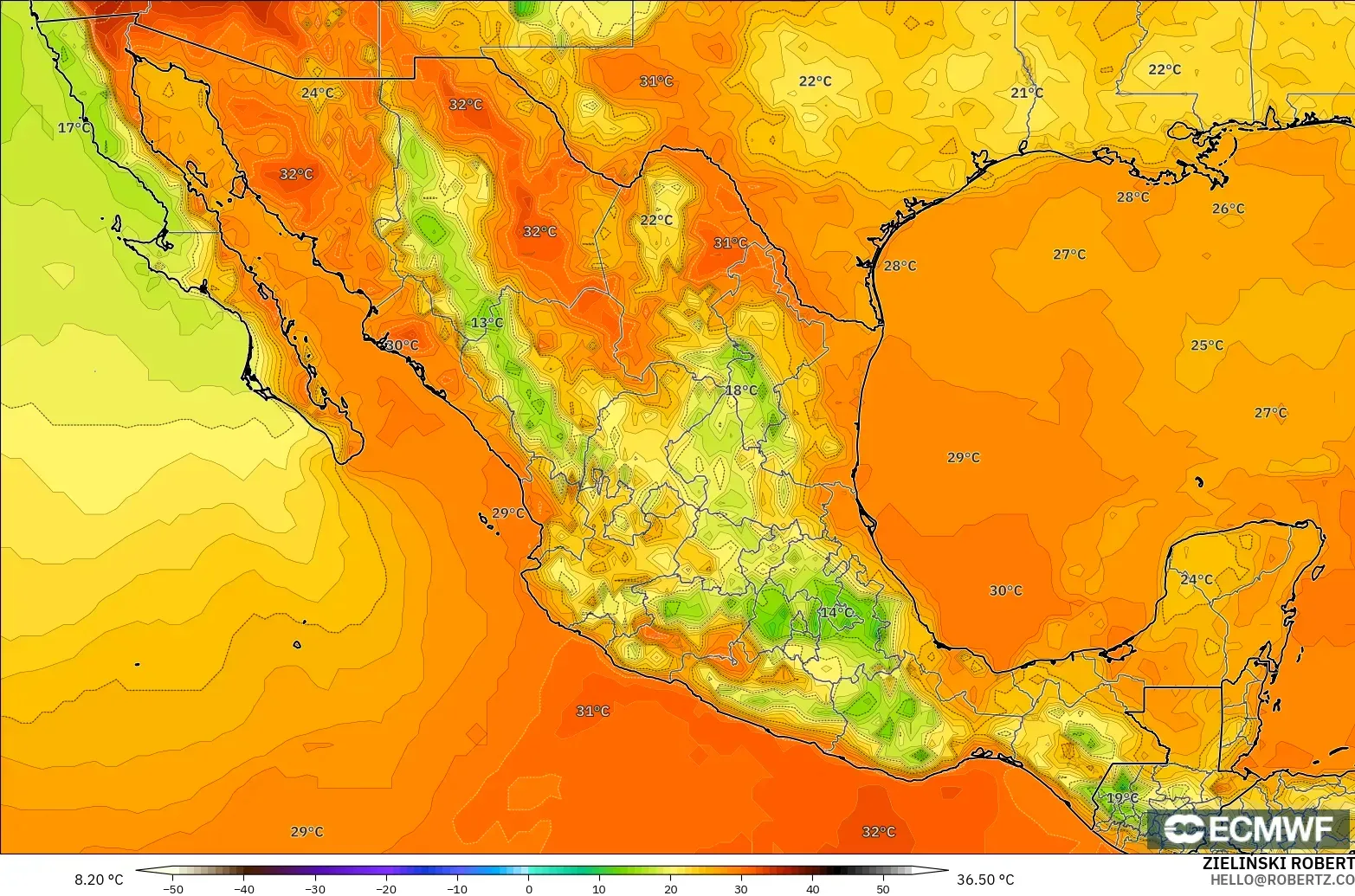 ECMWF IFS 0.25° modelo - México, Temperatura a 2 m