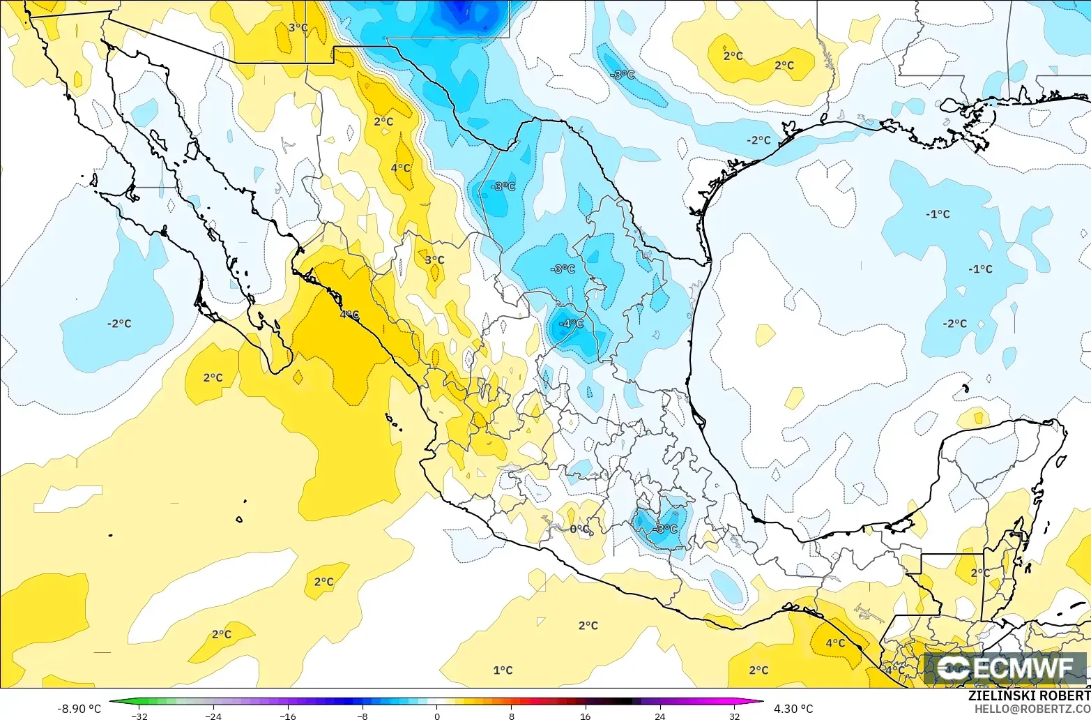 ECMWF IFS 0.25° modelo - México, Anomalía de temperatura a 850 hPa