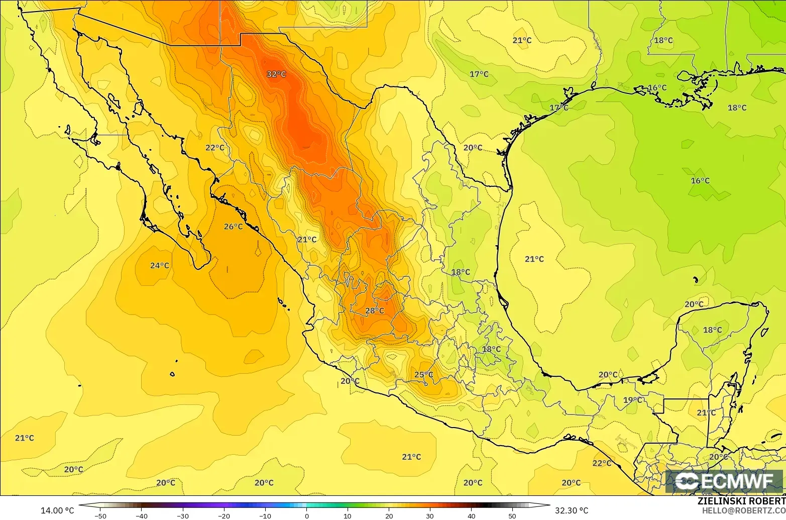 ECMWF IFS 0.25° modelo - México, Temperatura a 850 hPa