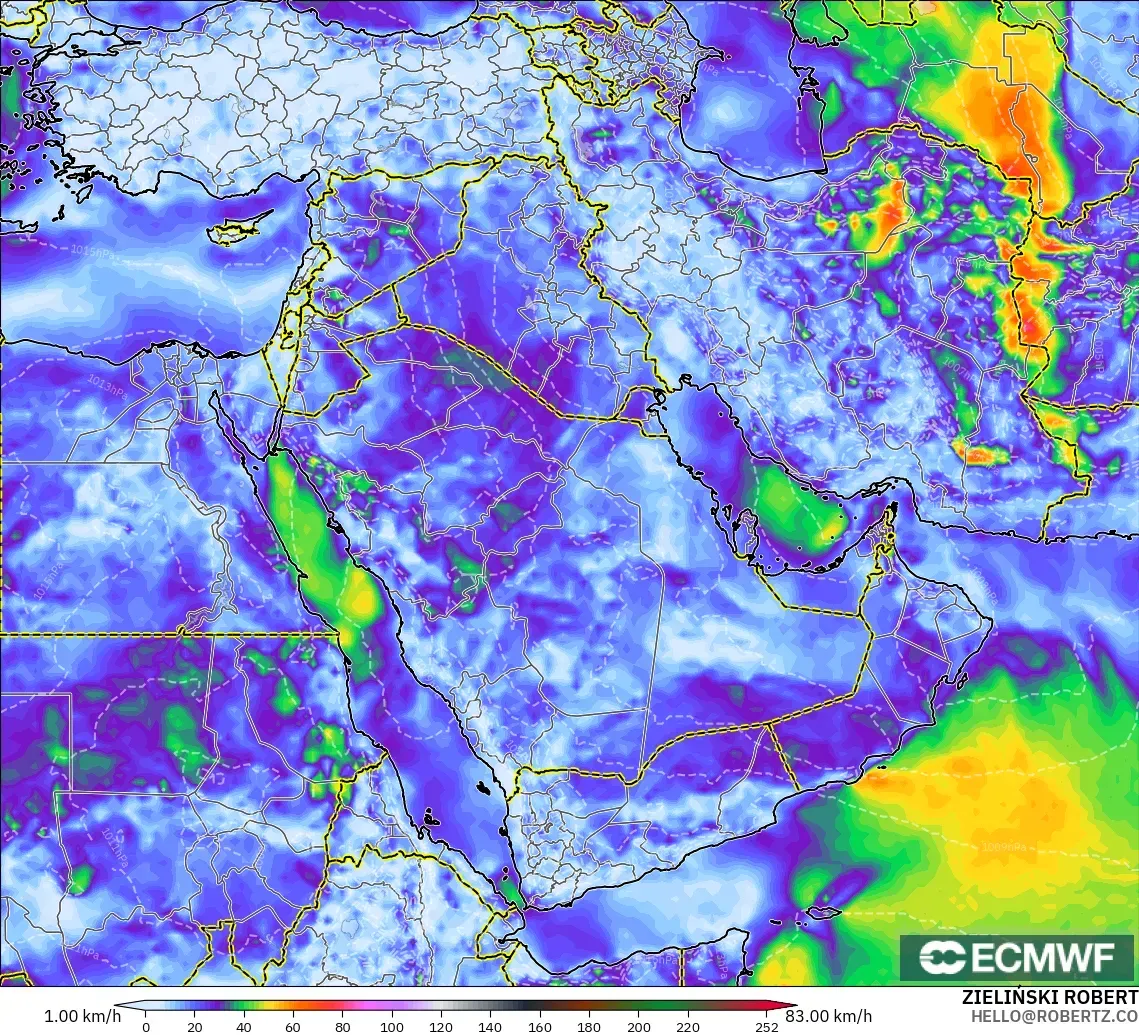 ECMWF IFS 0.25° modelo - Oriente Medio, Ráfagas de viento