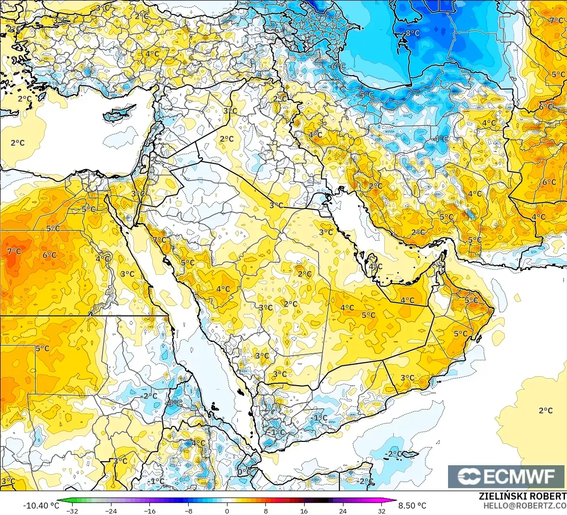 ECMWF IFS 0.25° modelo - Oriente Medio, Anomalía de temperatura a 2 m