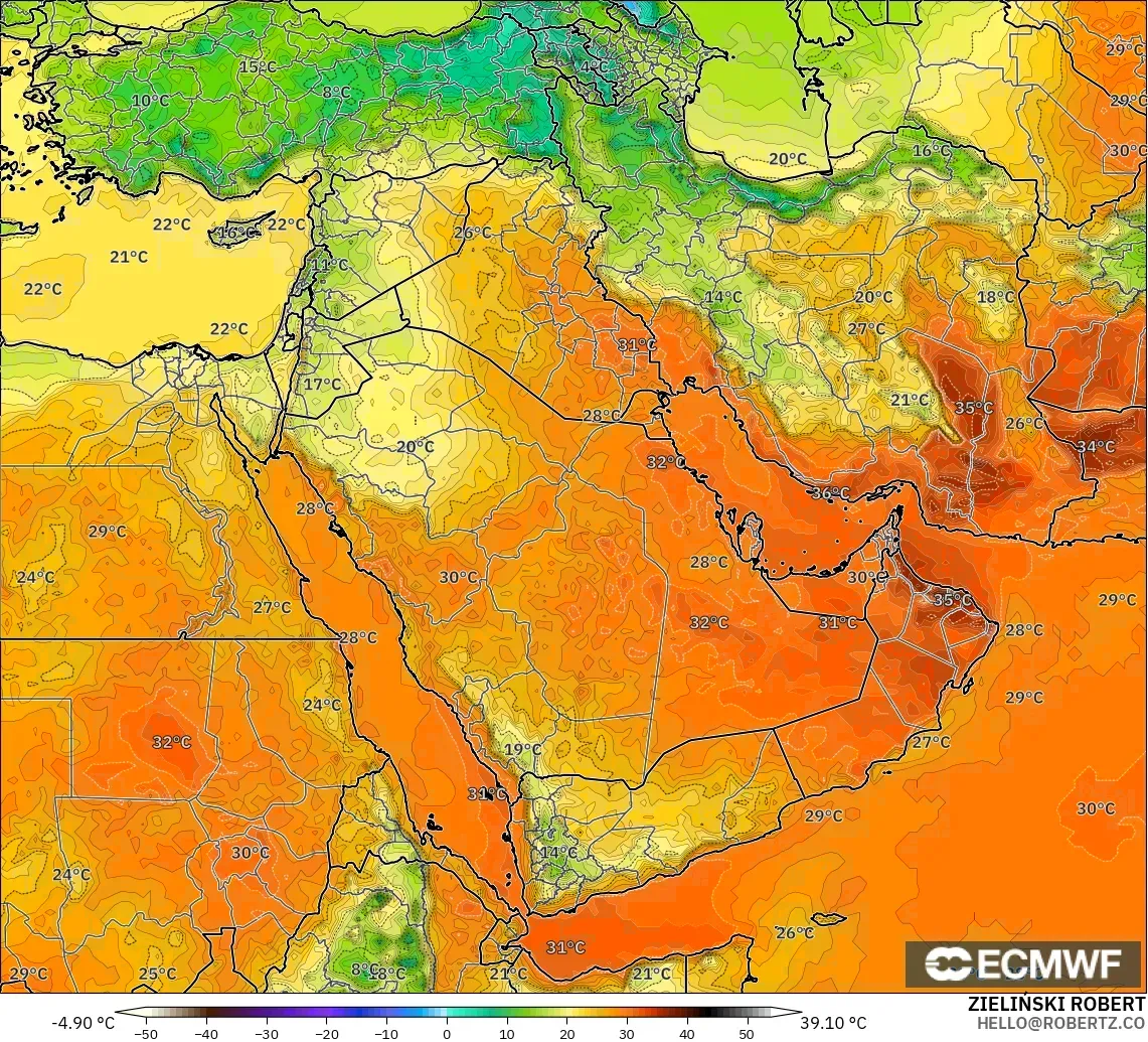 ECMWF IFS 0.25° modelo - Oriente Medio, Temperatura a 2 m