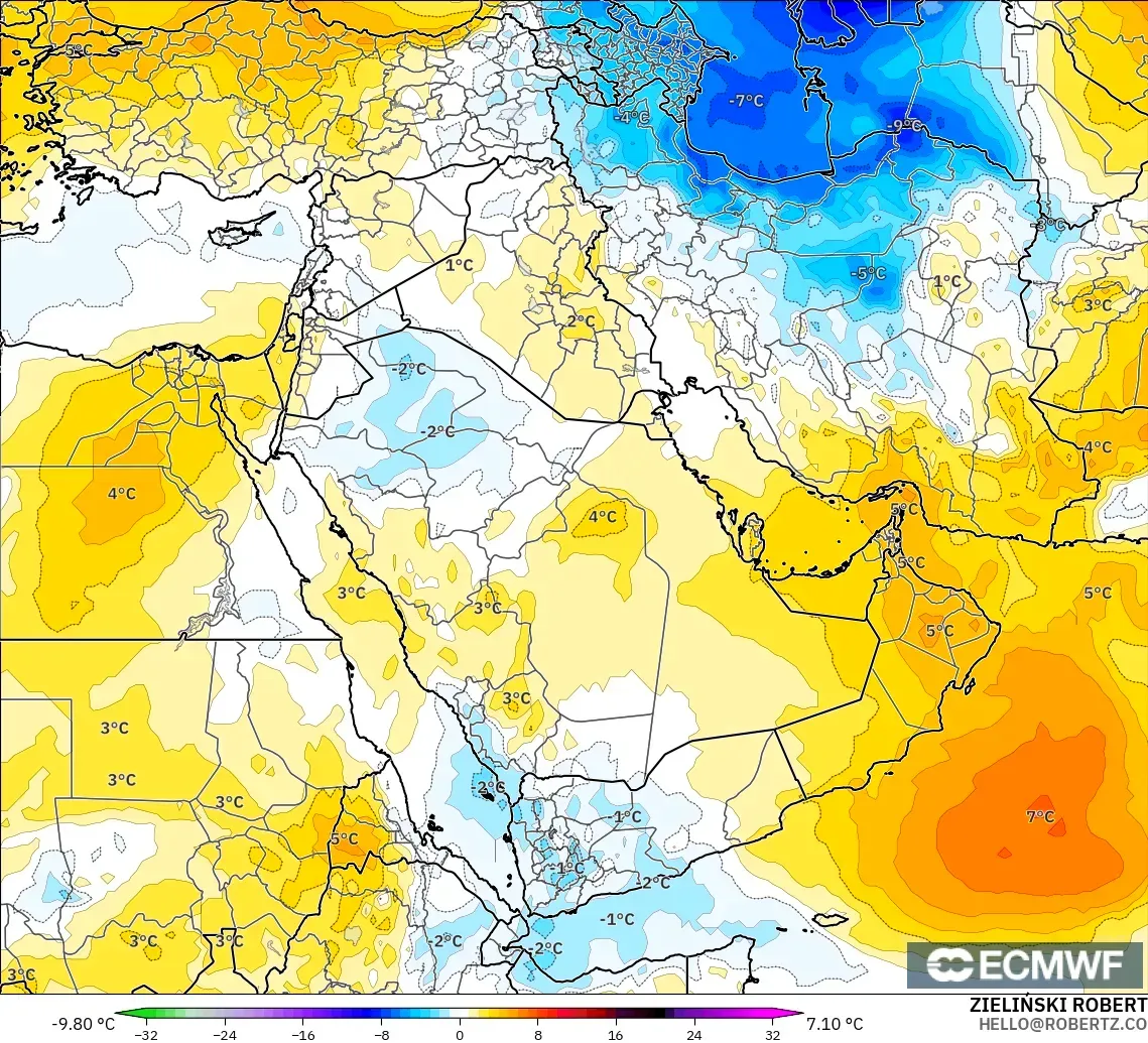 ECMWF IFS 0.25° modelo - Oriente Medio, Anomalía de temperatura a 850 hPa