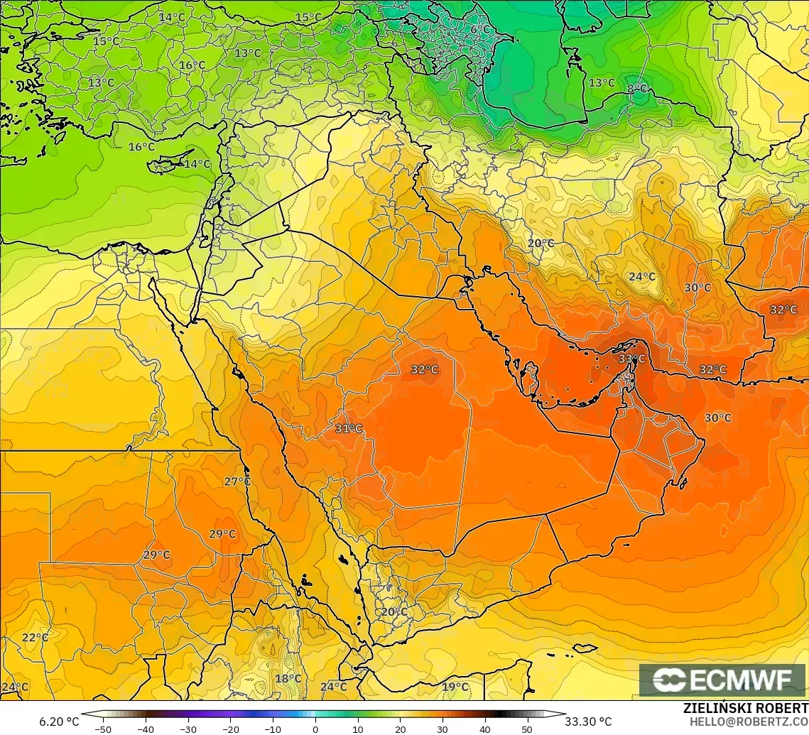 ECMWF IFS 0.25° modelo - Oriente Medio, Temperatura a 850 hPa