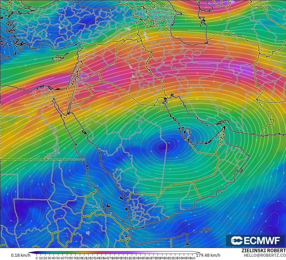 ECMWF IFS 0.25° modelo - Oriente Medio, Viento a 300 hPa (corriente en chorro)
