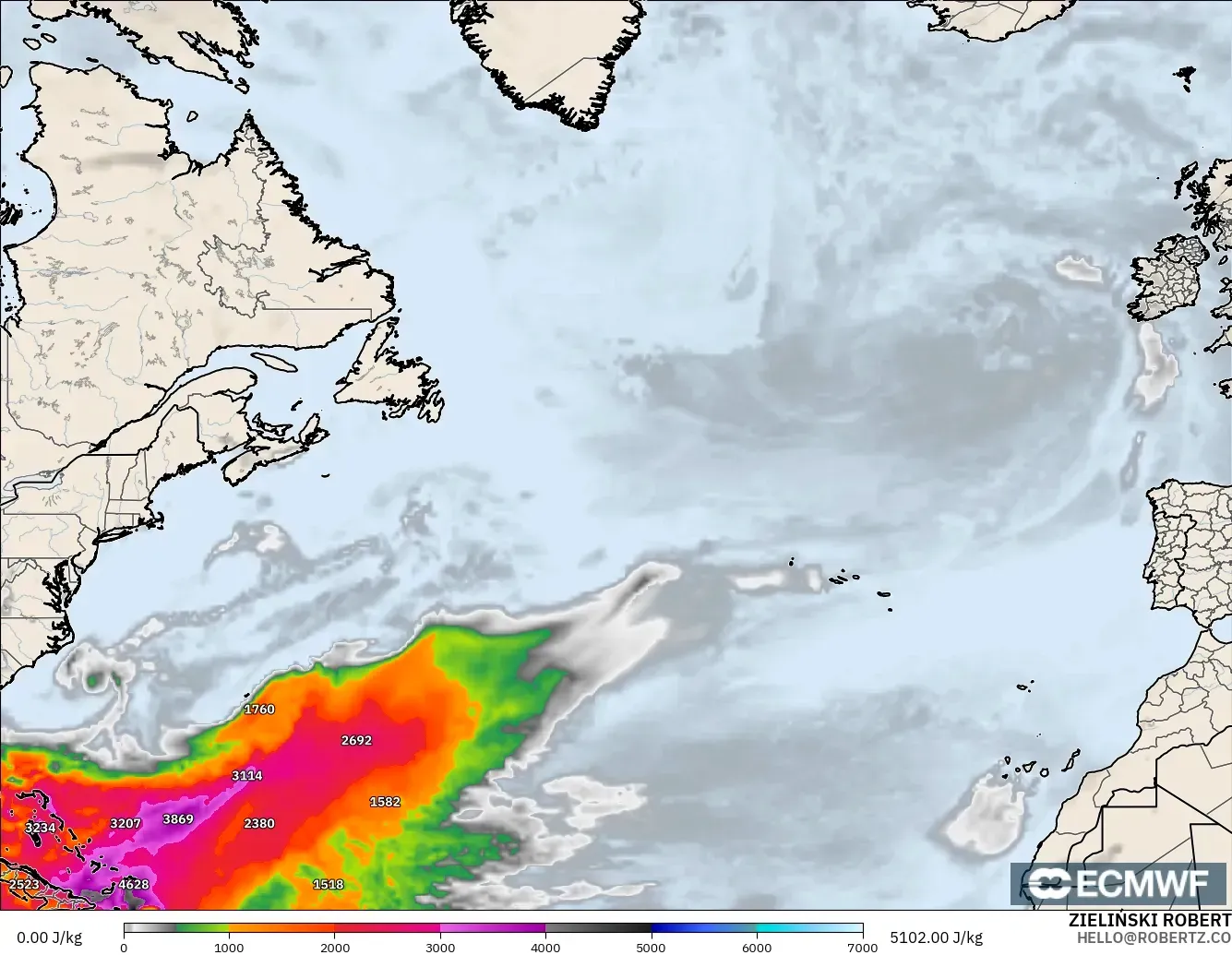 ECMWF IFS 0.25° modelo - Norte Atlántico, CAPE