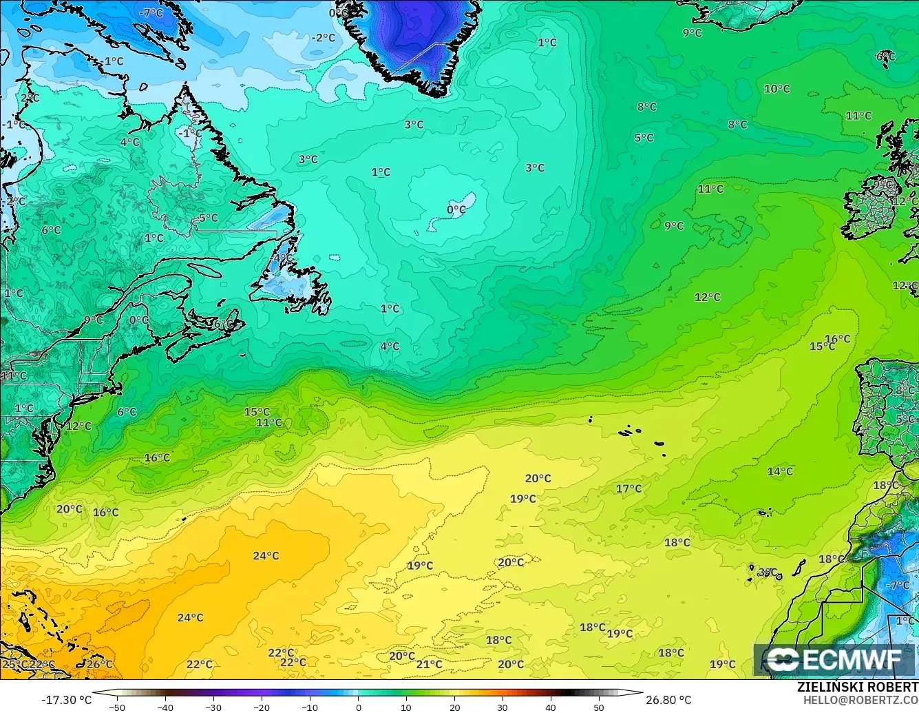 ECMWF IFS 0.25° modelo - Norte Atlántico, Punto de rocío a 2 m