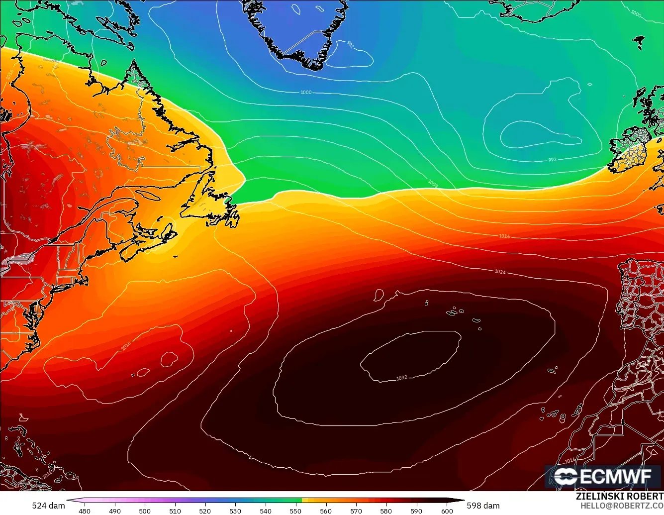 ECMWF IFS 0.25° modelo - Norte Atlántico, Altura geopotencial a 500 hPa