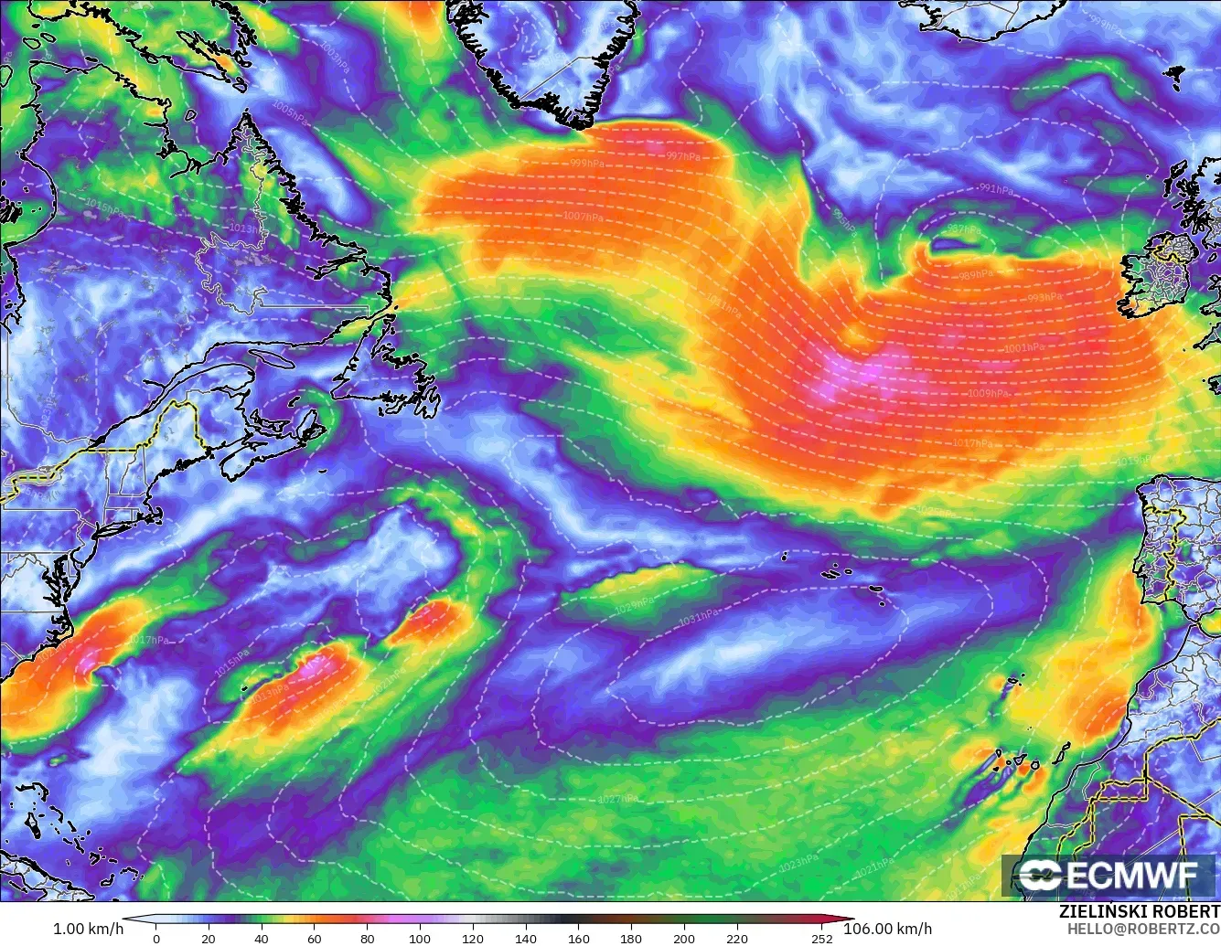 ECMWF IFS 0.25° modelo - Norte Atlántico, Ráfagas de Viento Máximas