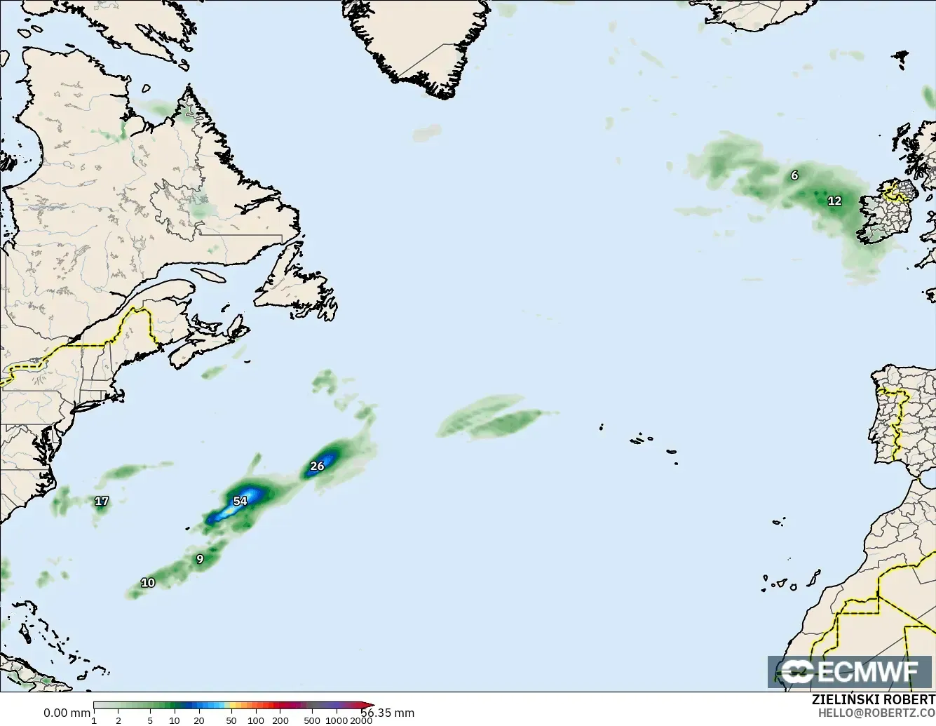 ECMWF IFS 0.25° modelo - Norte Atlántico, Acumulación de precipitación