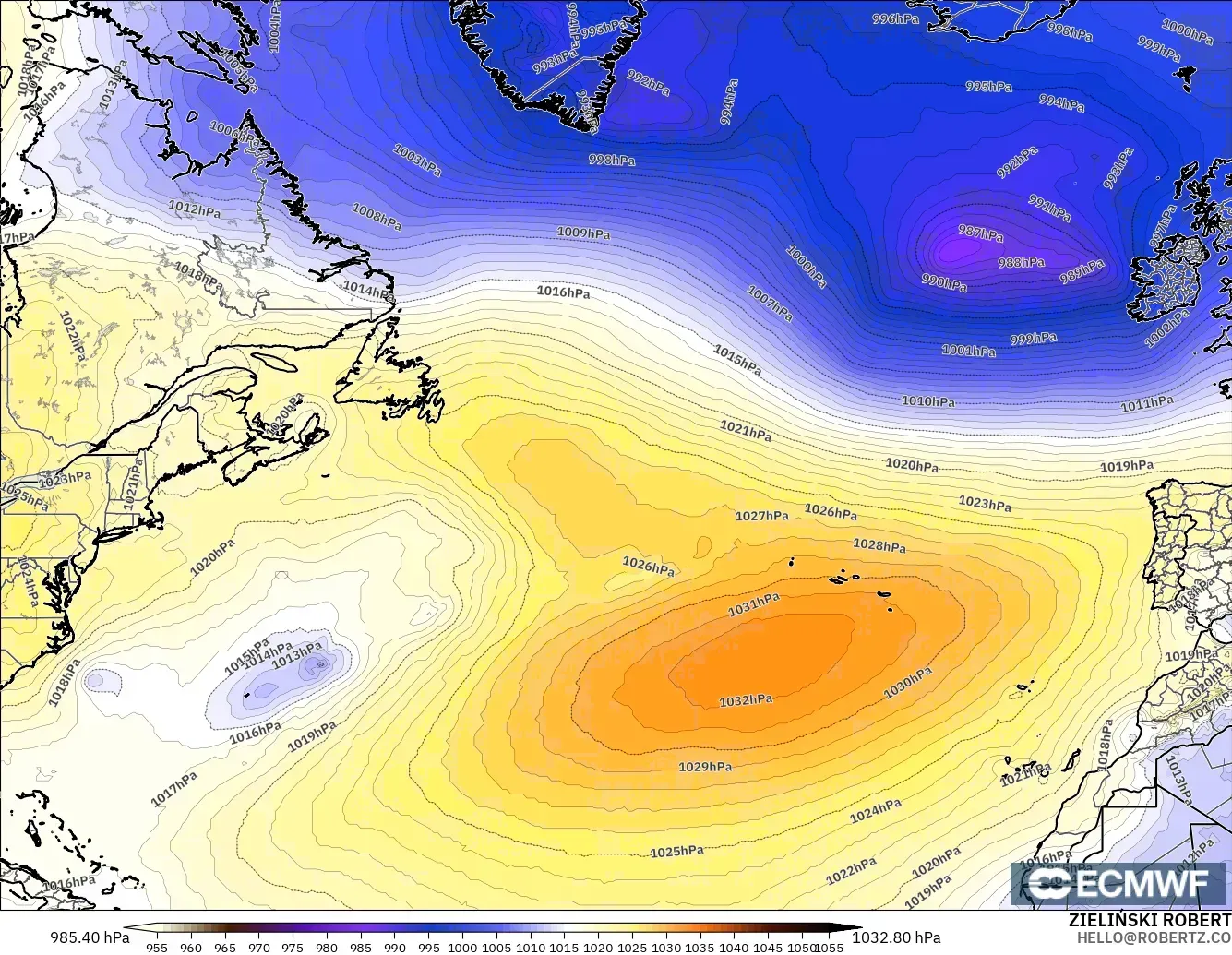 ECMWF IFS 0.25° modelo - Norte Atlántico, Presión