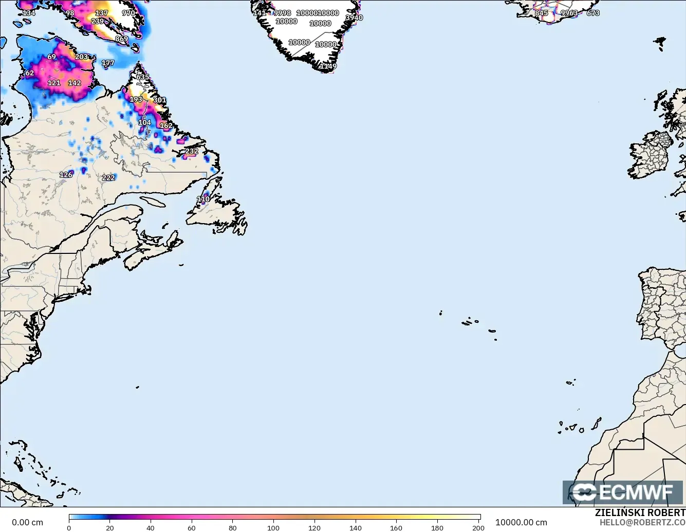 ECMWF IFS 0.25° modelo - Norte Atlántico, Profundidad de nieve