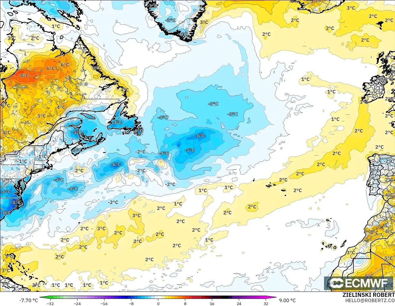 ECMWF IFS 0.25° modelo - Norte Atlántico, Anomalía de temperatura a 2 m