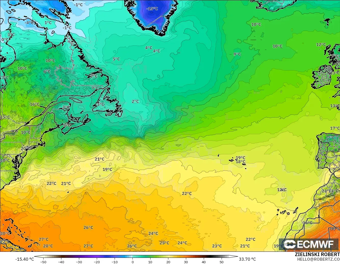 ECMWF IFS 0.25° modelo - Norte Atlántico, Temperatura a 2 m