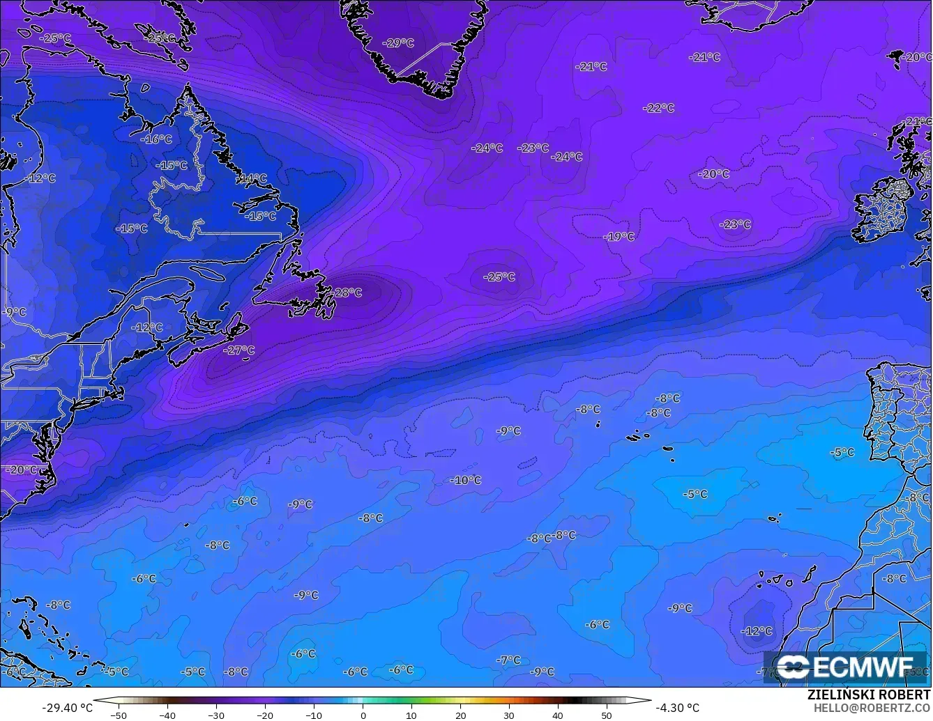 ECMWF IFS 0.25° modelo - Norte Atlántico, Temperatura a 500 hPa