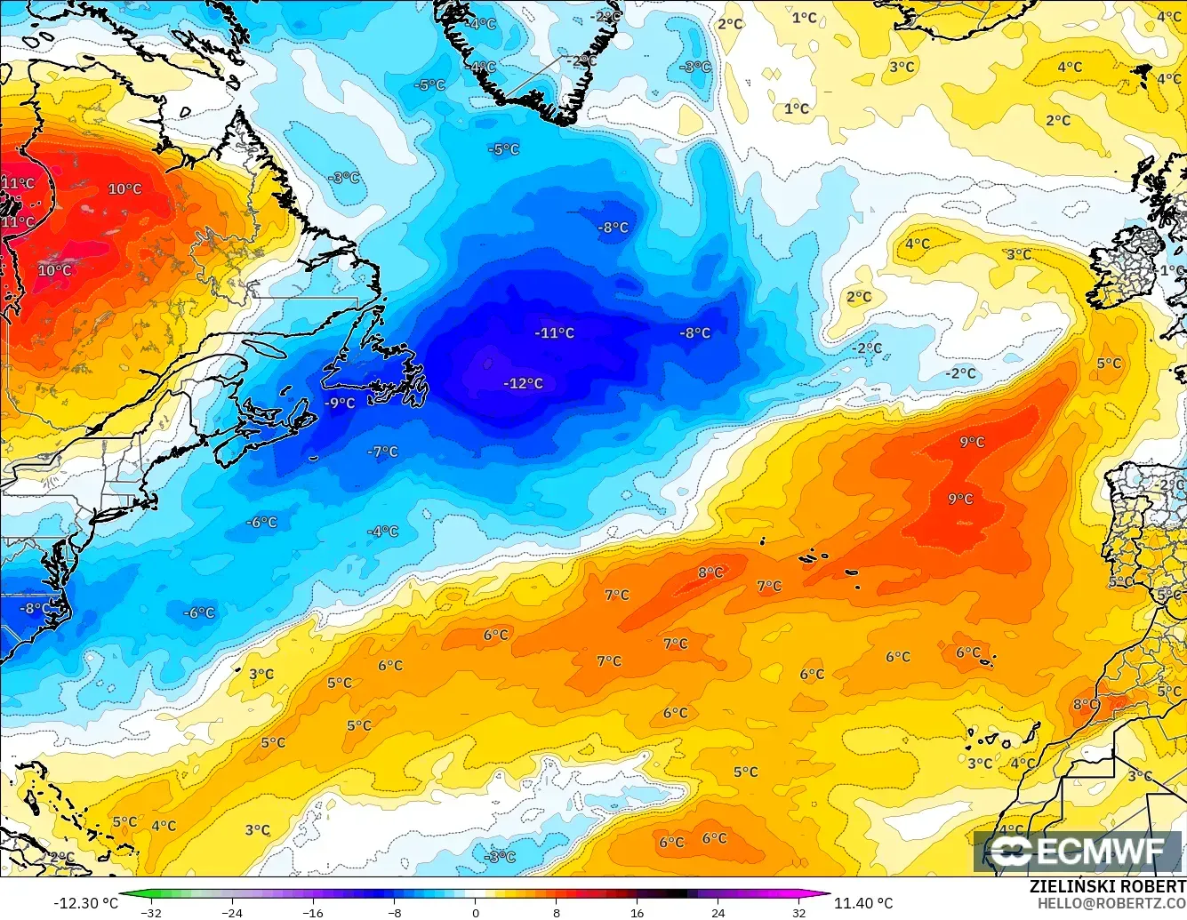 ECMWF IFS 0.25° modelo - Norte Atlántico, Anomalía de temperatura a 850 hPa