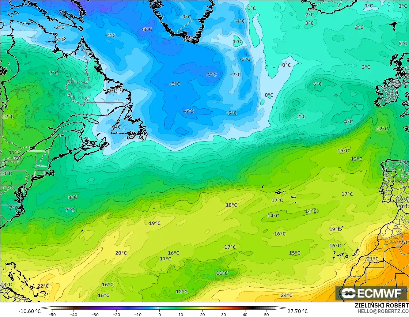 ECMWF IFS 0.25° modelo - Norte Atlántico, Temperatura a 850 hPa