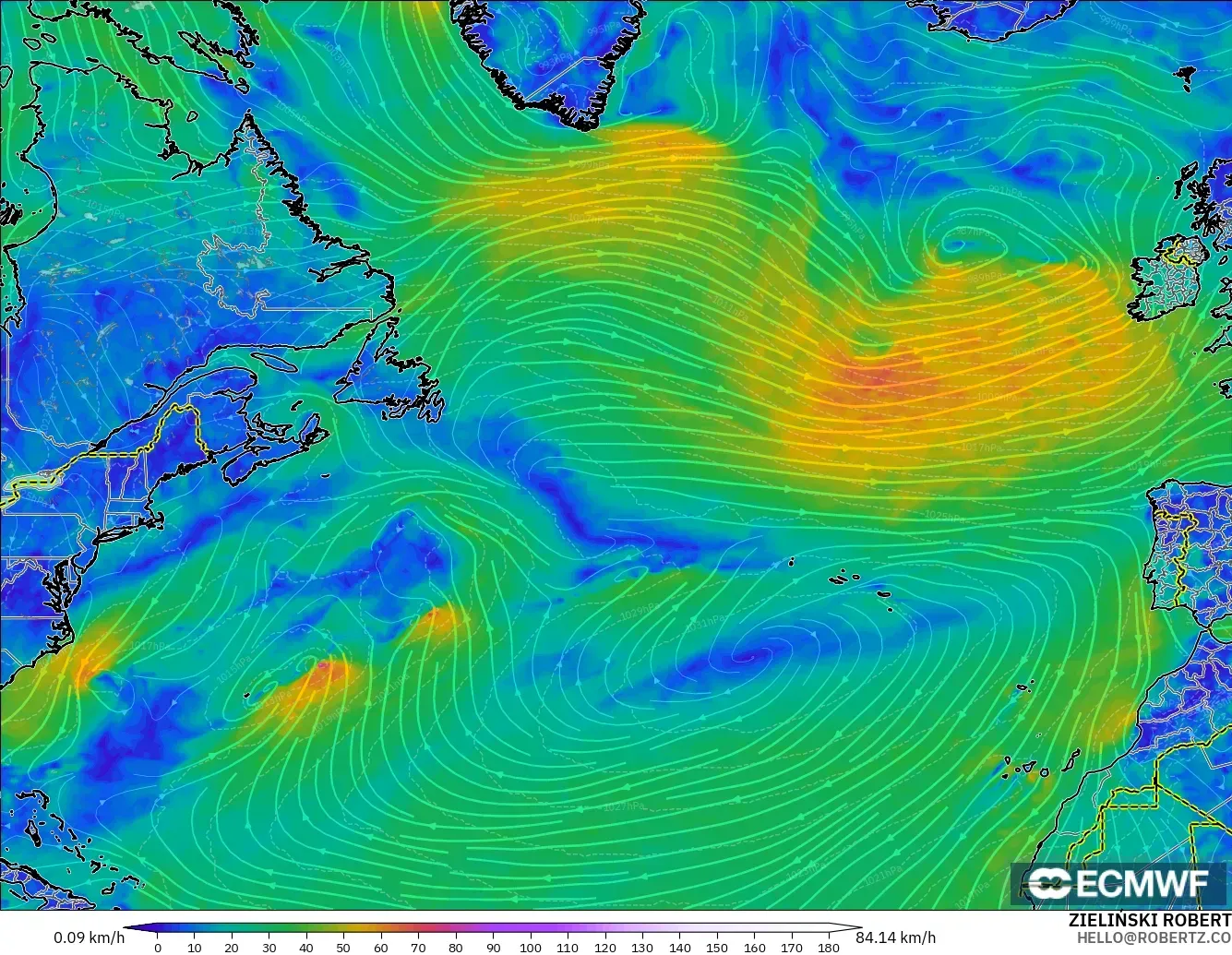ECMWF IFS 0.25° modelo - Norte Atlántico, Viento a 10 m