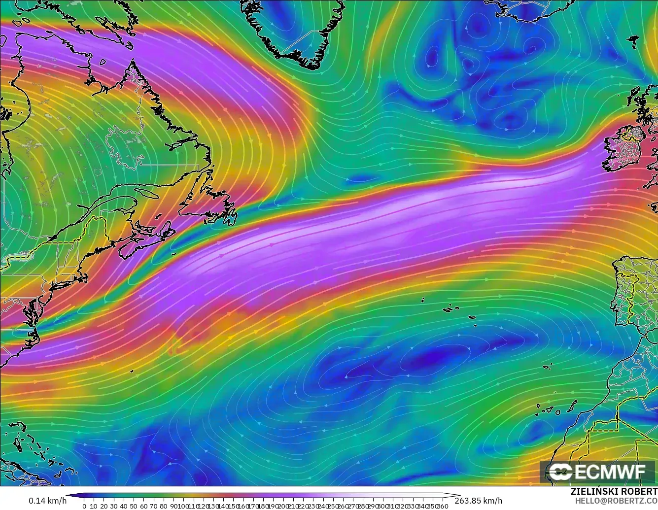 ECMWF IFS 0.25° modelo - Norte Atlántico, Viento a 300 hPa (corriente en chorro)