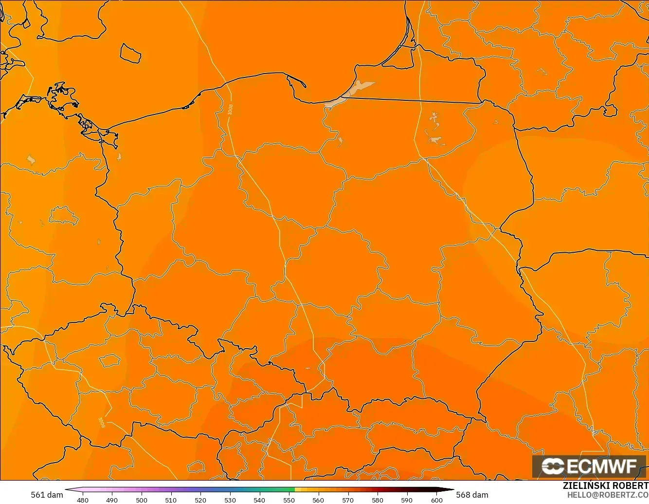 ECMWF IFS 0.25° modelo - Polonia, Altura geopotencial a 500 hPa