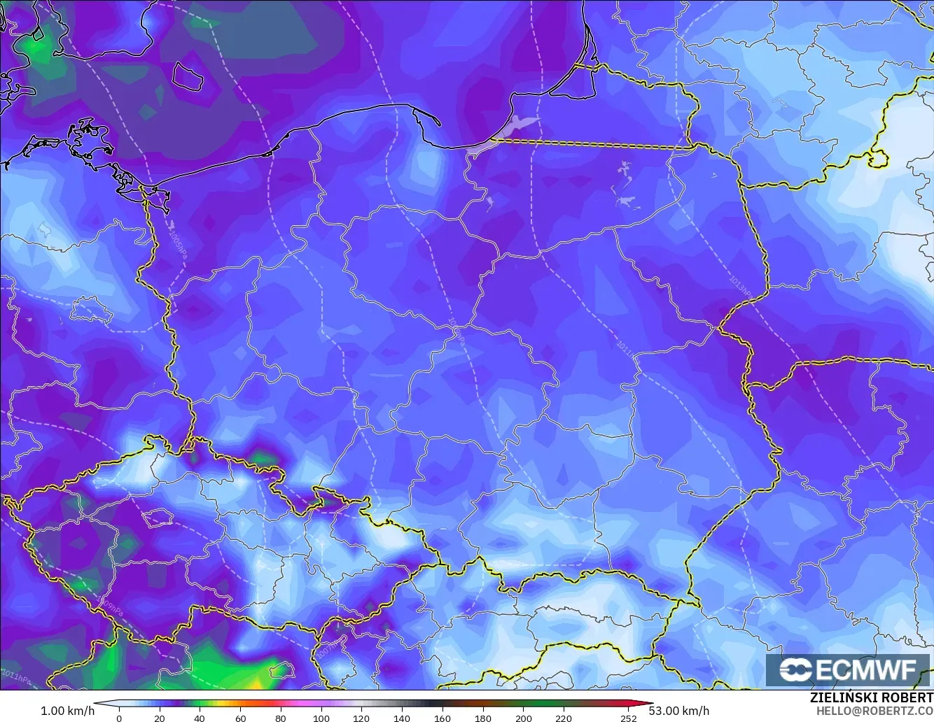 ECMWF IFS 0.25° modelo - Polonia, Ráfagas de Viento Máximas