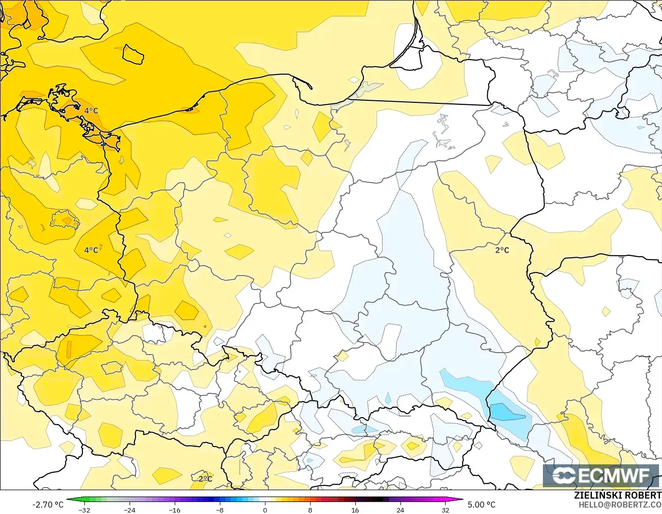 ECMWF IFS 0.25° modelo - Polonia, Anomalía de temperatura a 2 m