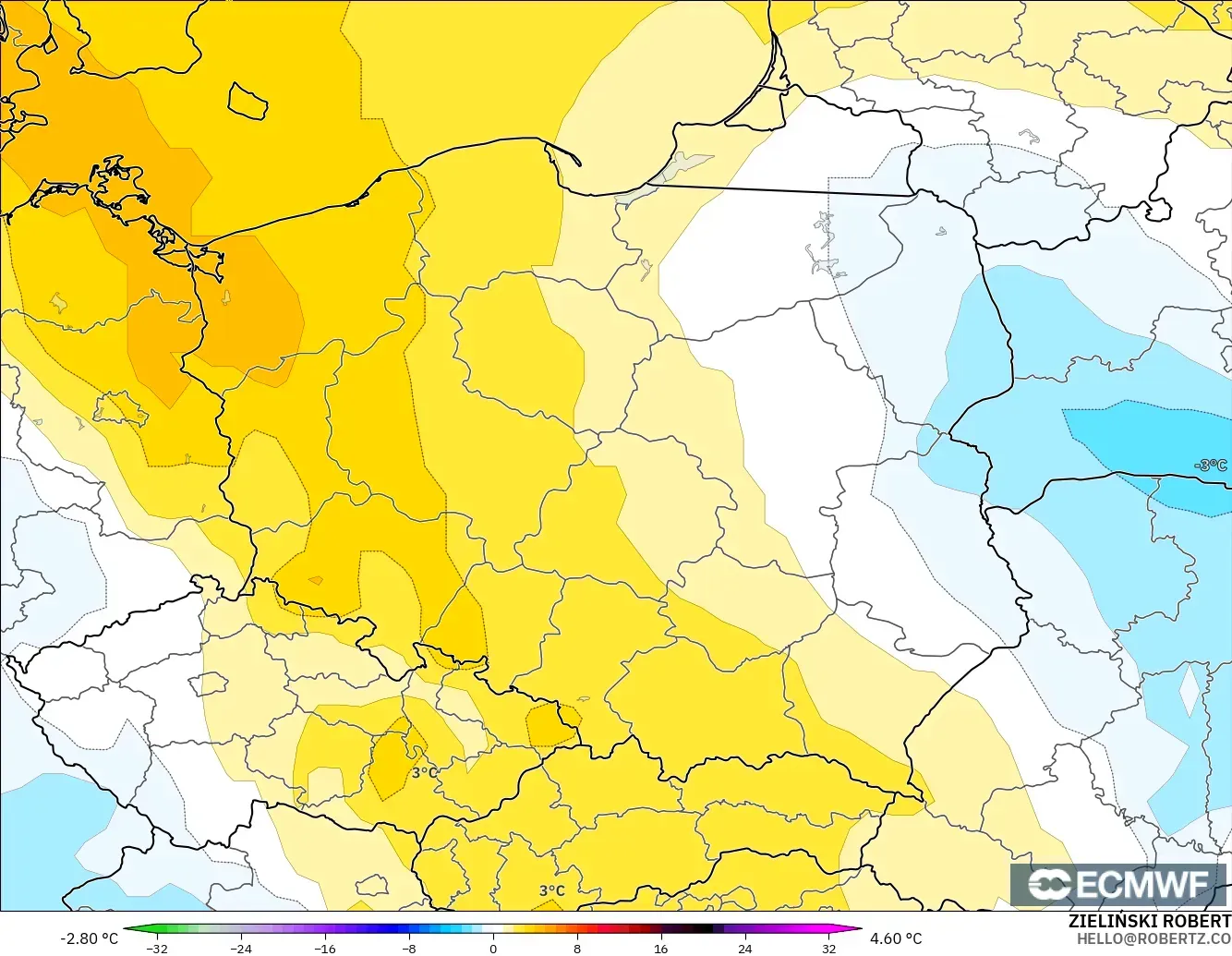 ECMWF IFS 0.25° modelo - Polonia, Anomalía de temperatura a 850 hPa