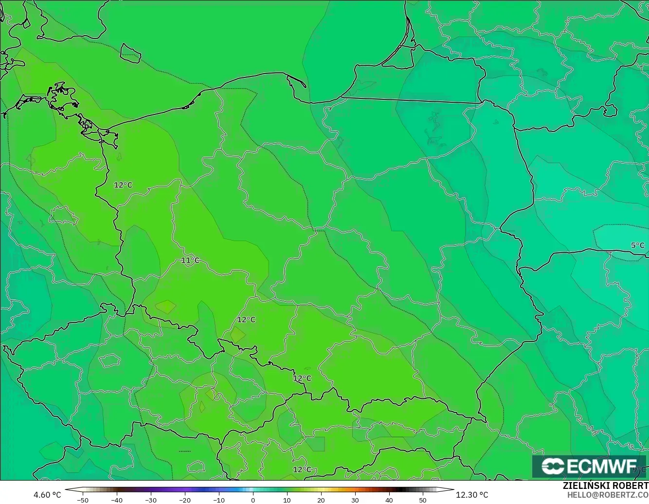 ECMWF IFS 0.25° modelo - Polonia, Temperatura a 850 hPa
