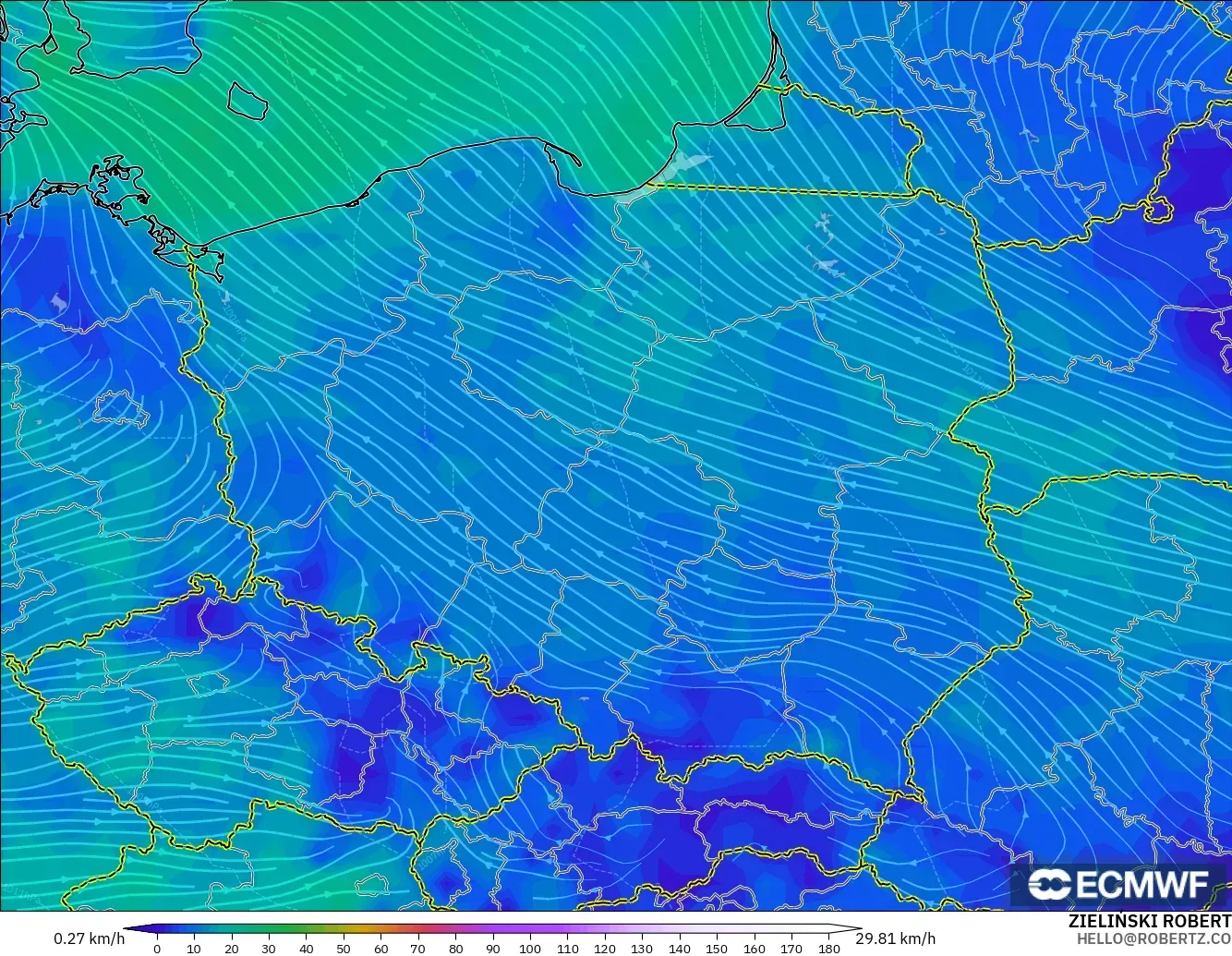 ECMWF IFS 0.25° modelo - Polonia, Viento a 10 m