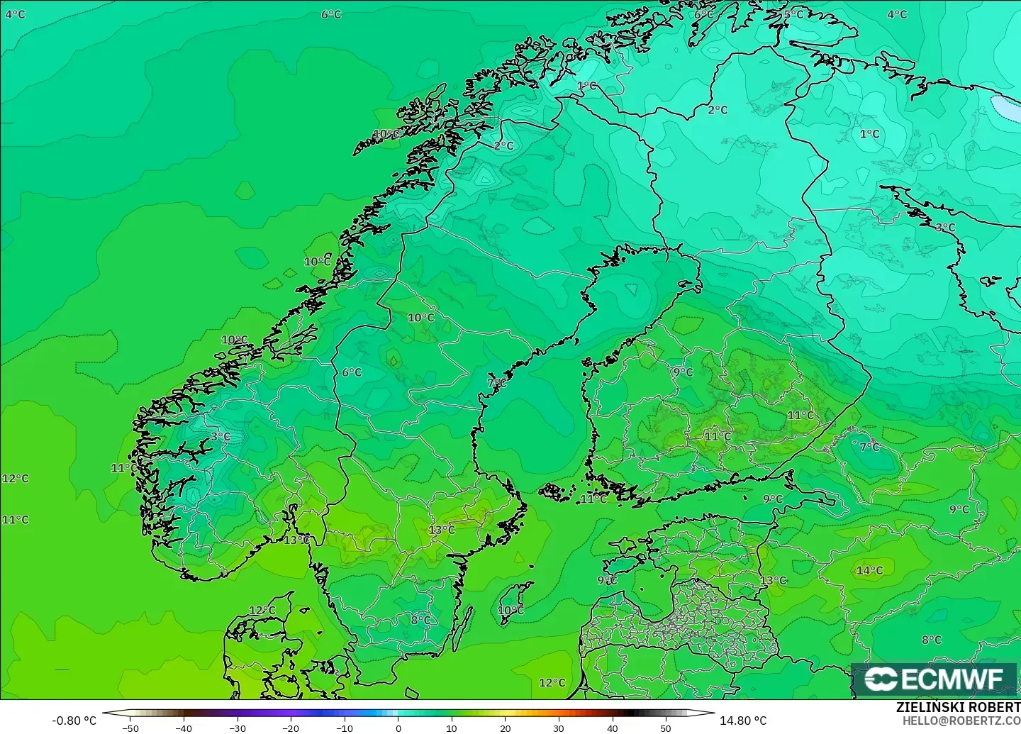 ECMWF IFS 0.25° modelo - Escandinavia, Punto de rocío a 2 m