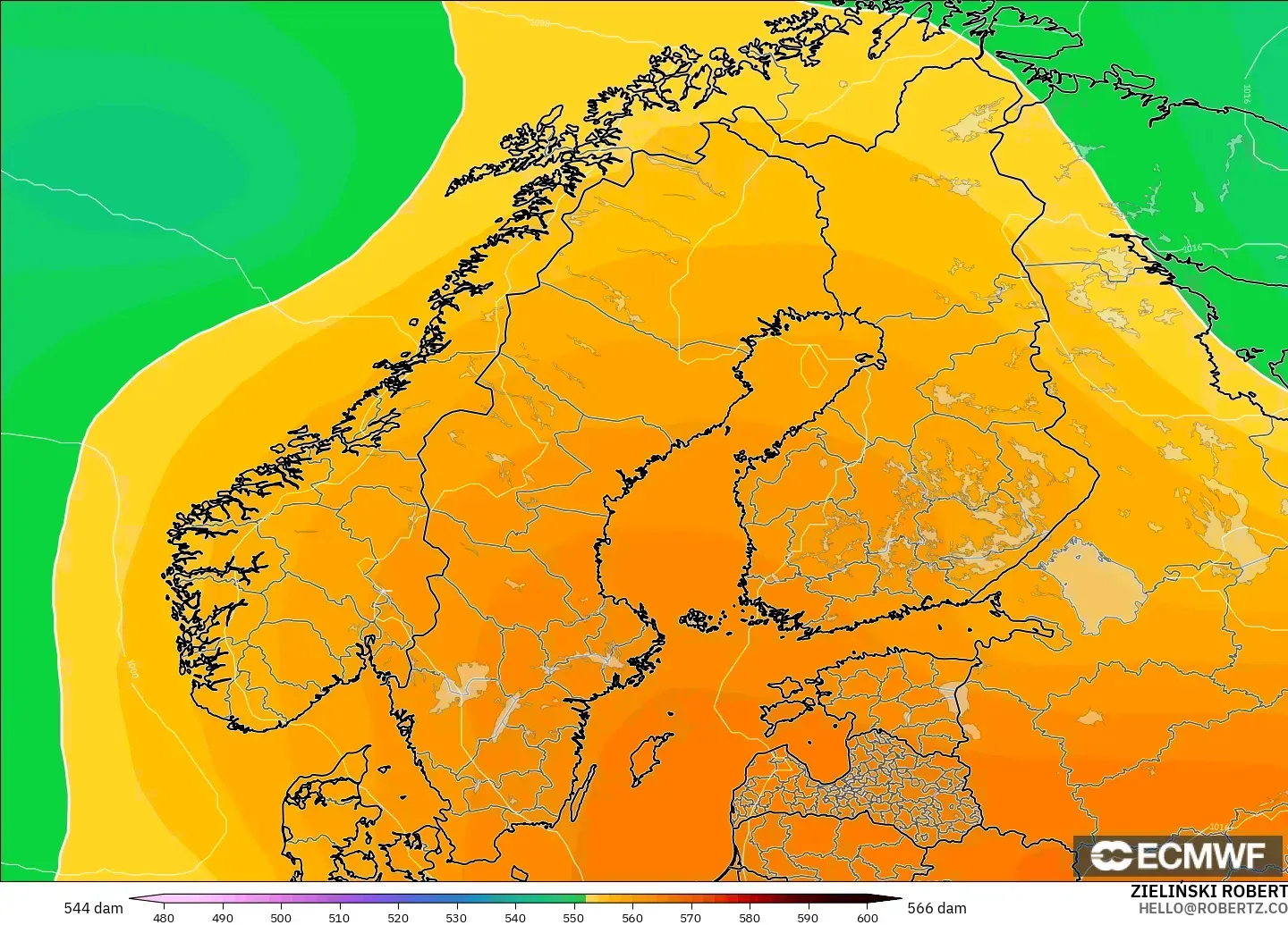 ECMWF IFS 0.25° modelo - Escandinavia, Altura geopotencial a 500 hPa