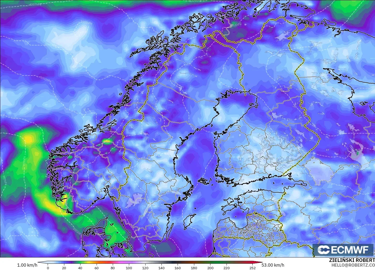 ECMWF IFS 0.25° modelo - Escandinavia, Ráfagas de viento