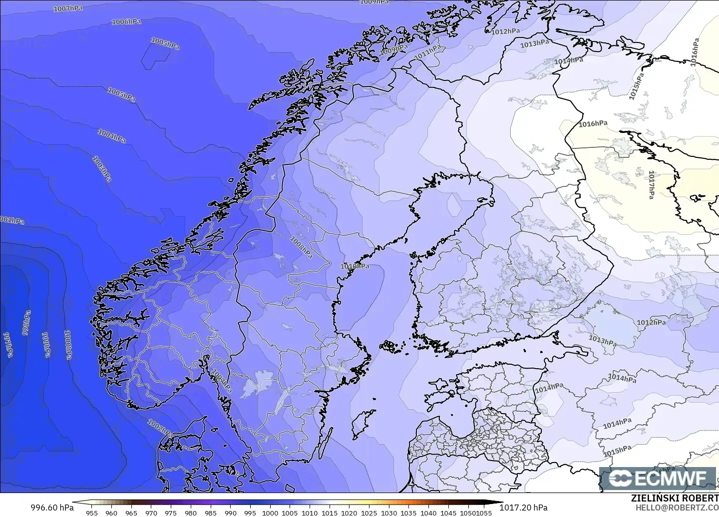 ECMWF IFS 0.25° modelo - Escandinavia, Presión