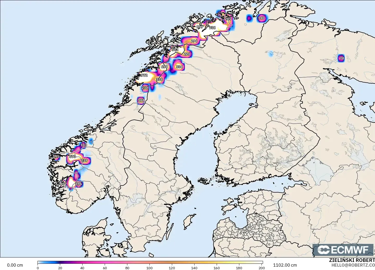ECMWF IFS 0.25° modelo - Escandinavia, Profundidad de nieve
