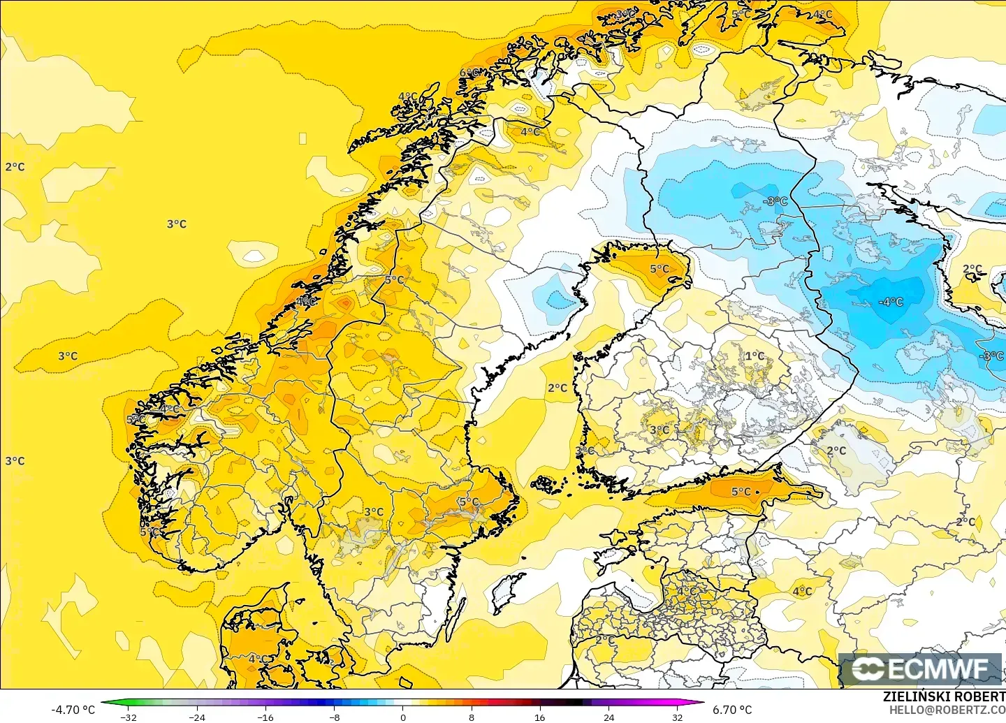 ECMWF IFS 0.25° modelo - Escandinavia, Anomalía de temperatura a 2 m