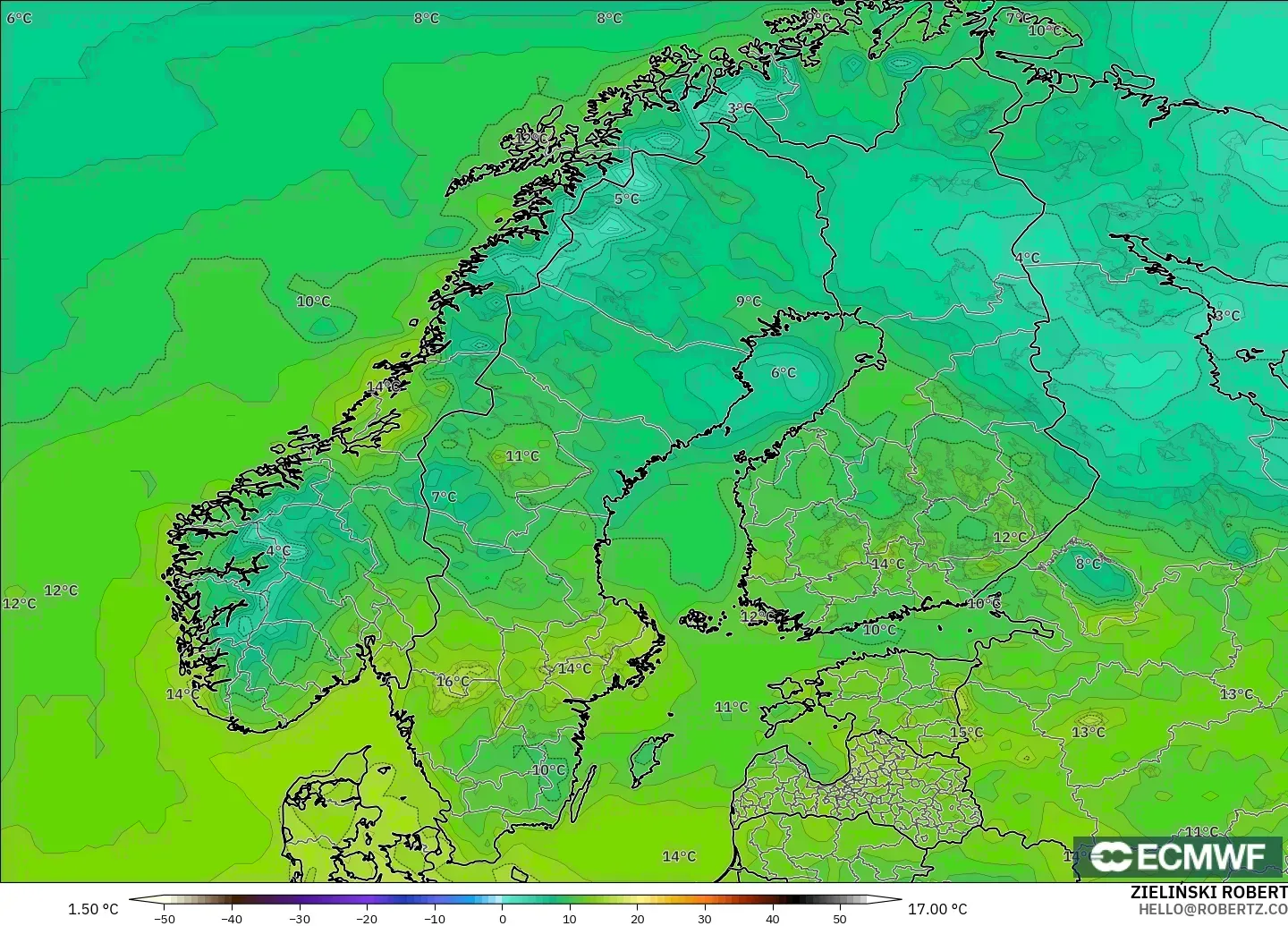 ECMWF IFS 0.25° modelo - Escandinavia, Temperatura a 2 m