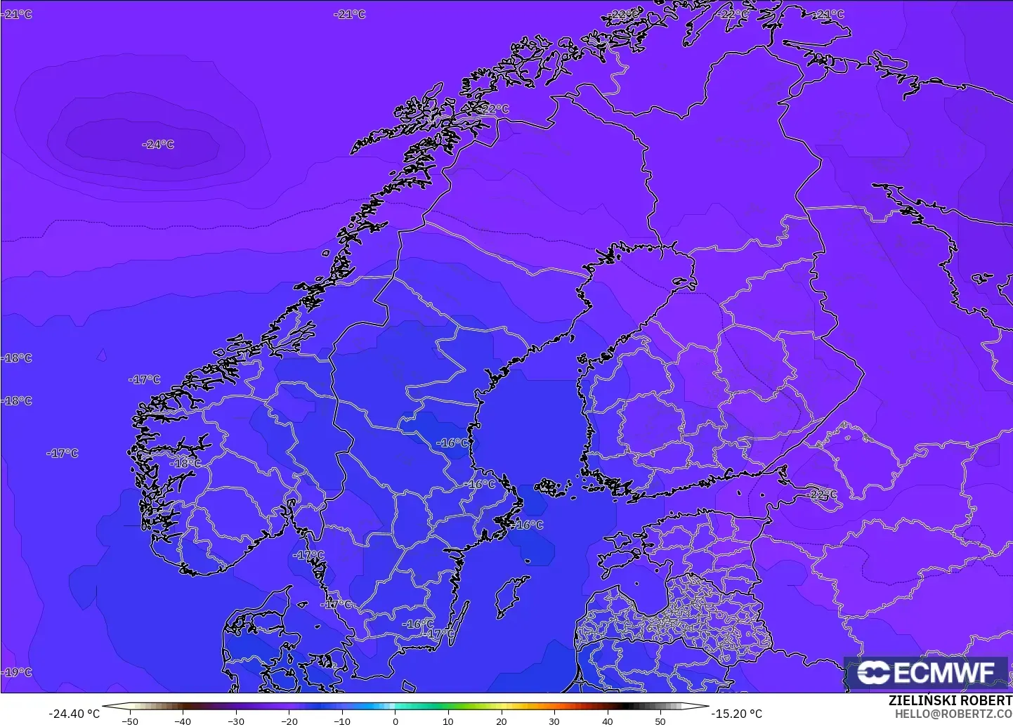ECMWF IFS 0.25° modelo - Escandinavia, Temperatura a 500 hPa