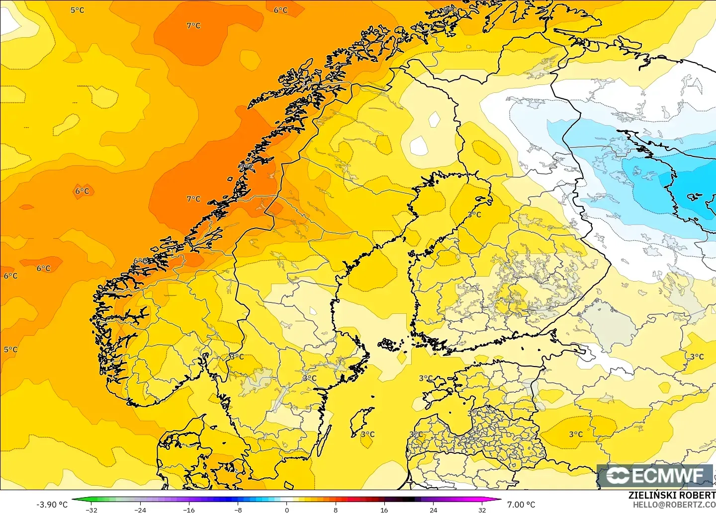 ECMWF IFS 0.25° modelo - Escandinavia, Anomalía de temperatura a 850 hPa