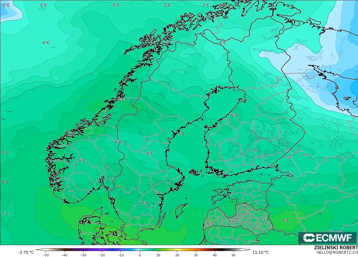 ECMWF IFS 0.25° modelo - Escandinavia, Temperatura a 850 hPa
