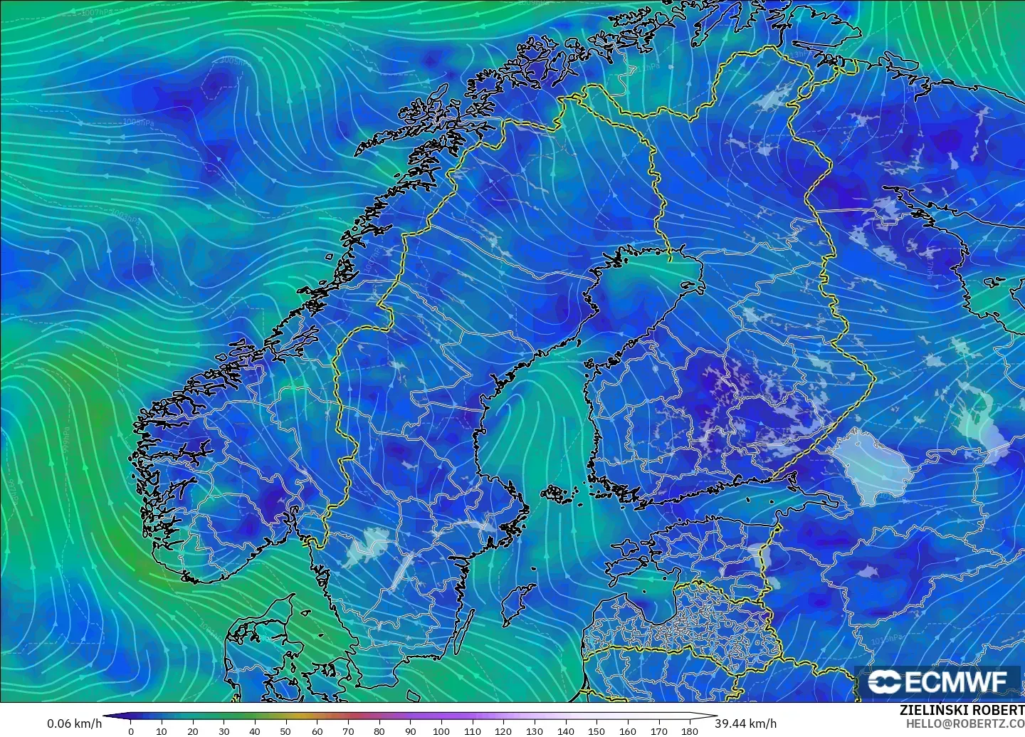 ECMWF IFS 0.25° modelo - Escandinavia, Viento a 10 m