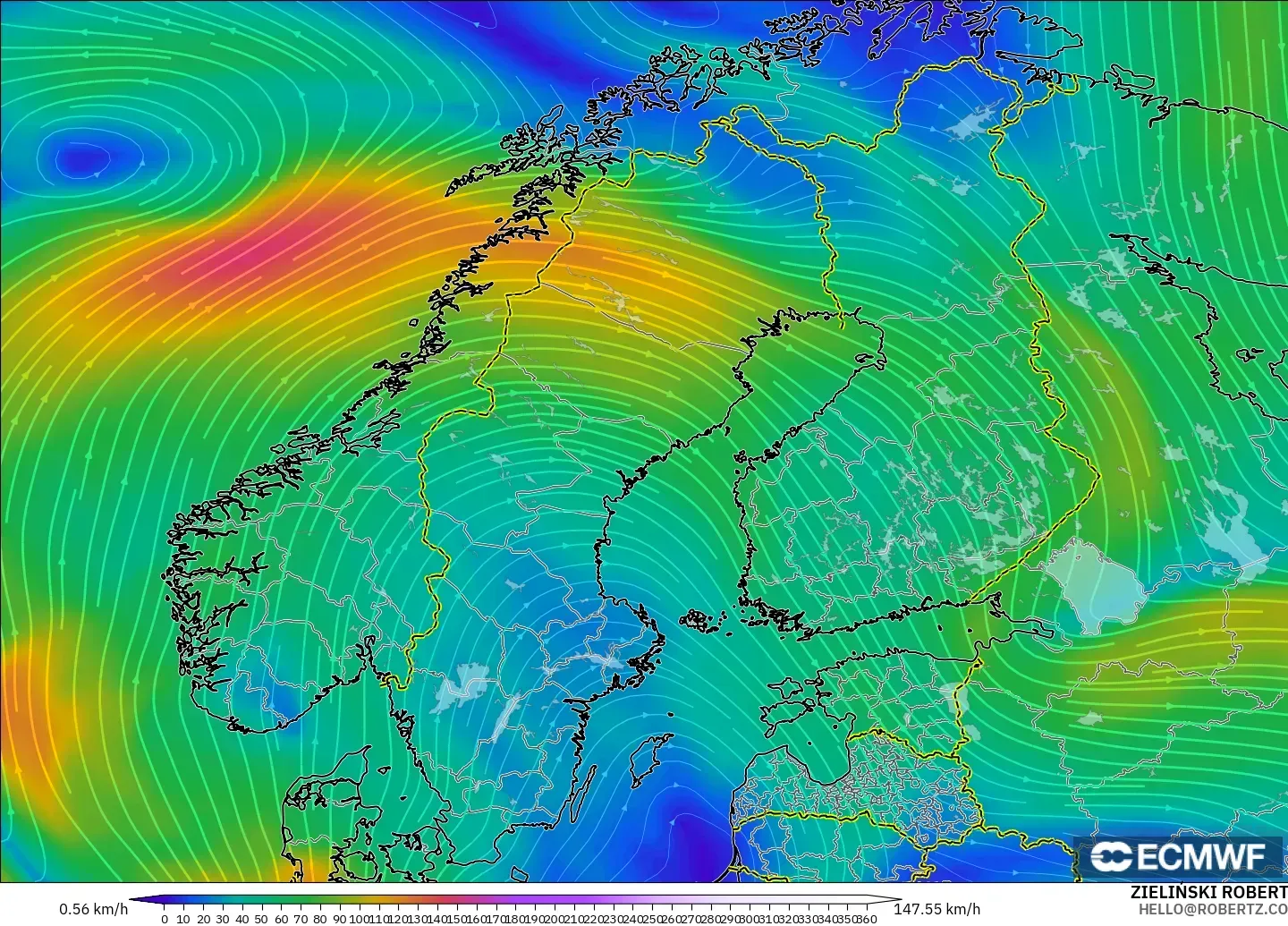 ECMWF IFS 0.25° modelo - Escandinavia, Viento a 300 hPa (corriente en chorro)