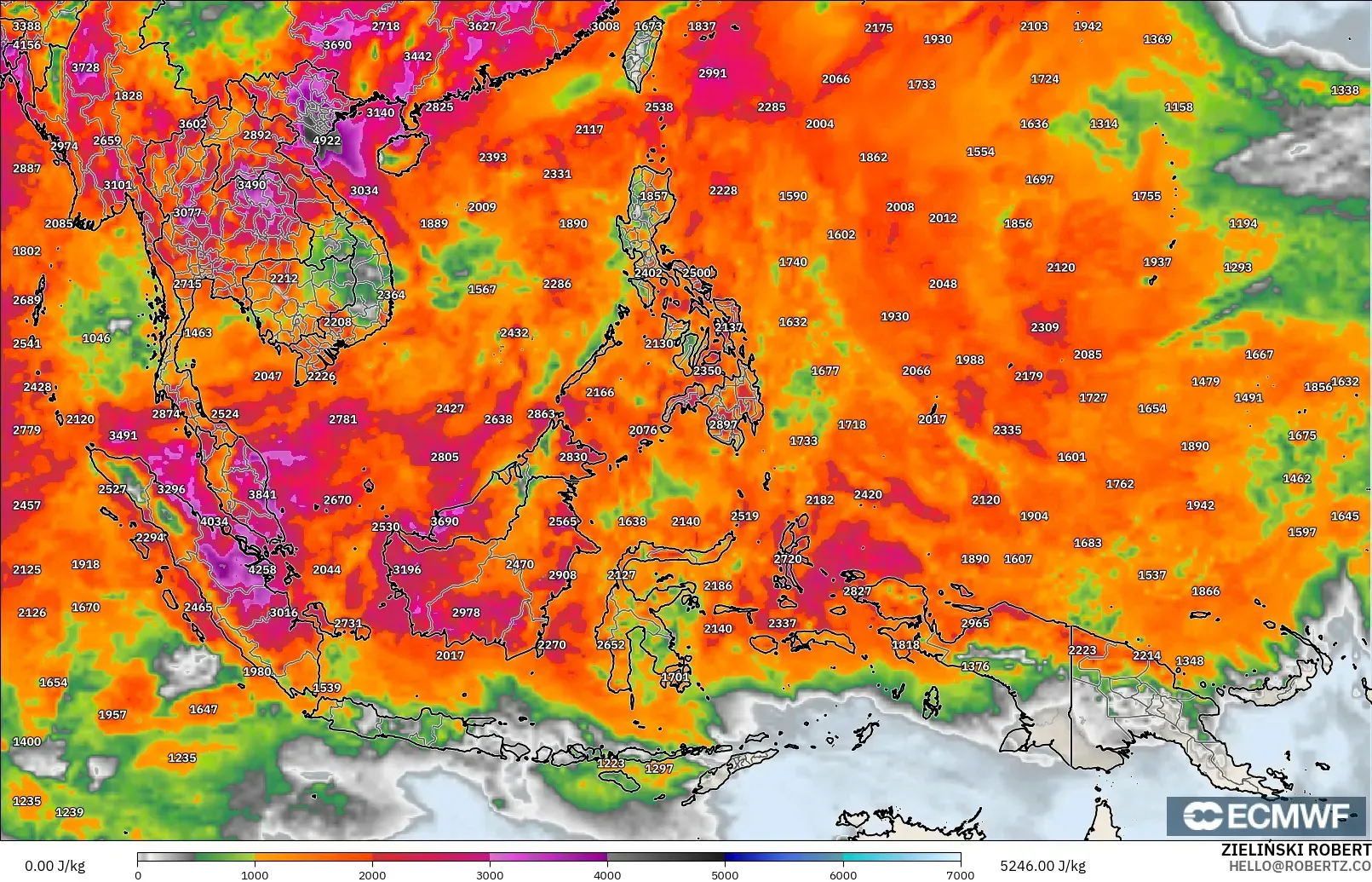ECMWF IFS 0.25° modelo - Sudeste Asiático, CAPE