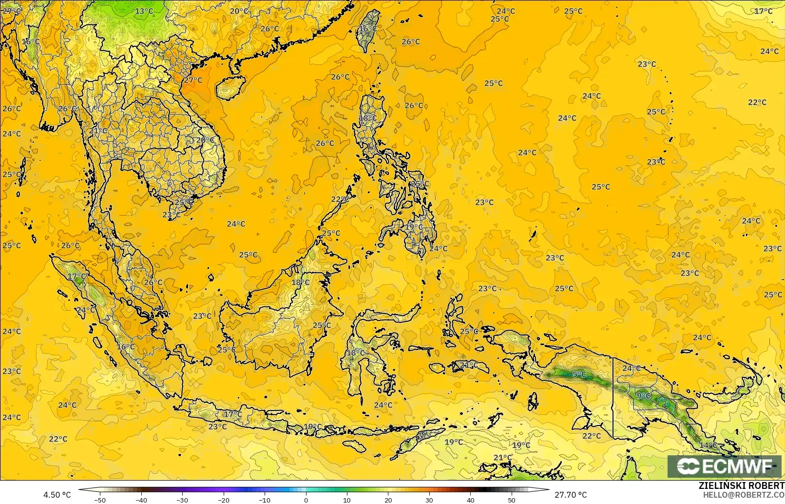 ECMWF IFS 0.25° modelo - Sudeste Asiático, Punto de rocío a 2 m